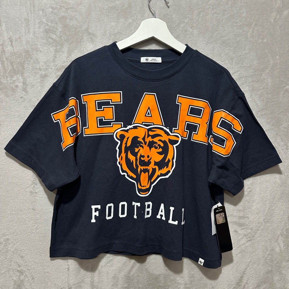 47 Brand Chicago Bears Football Cropped T-Shirt Navy Blue Orange Women Large NEW